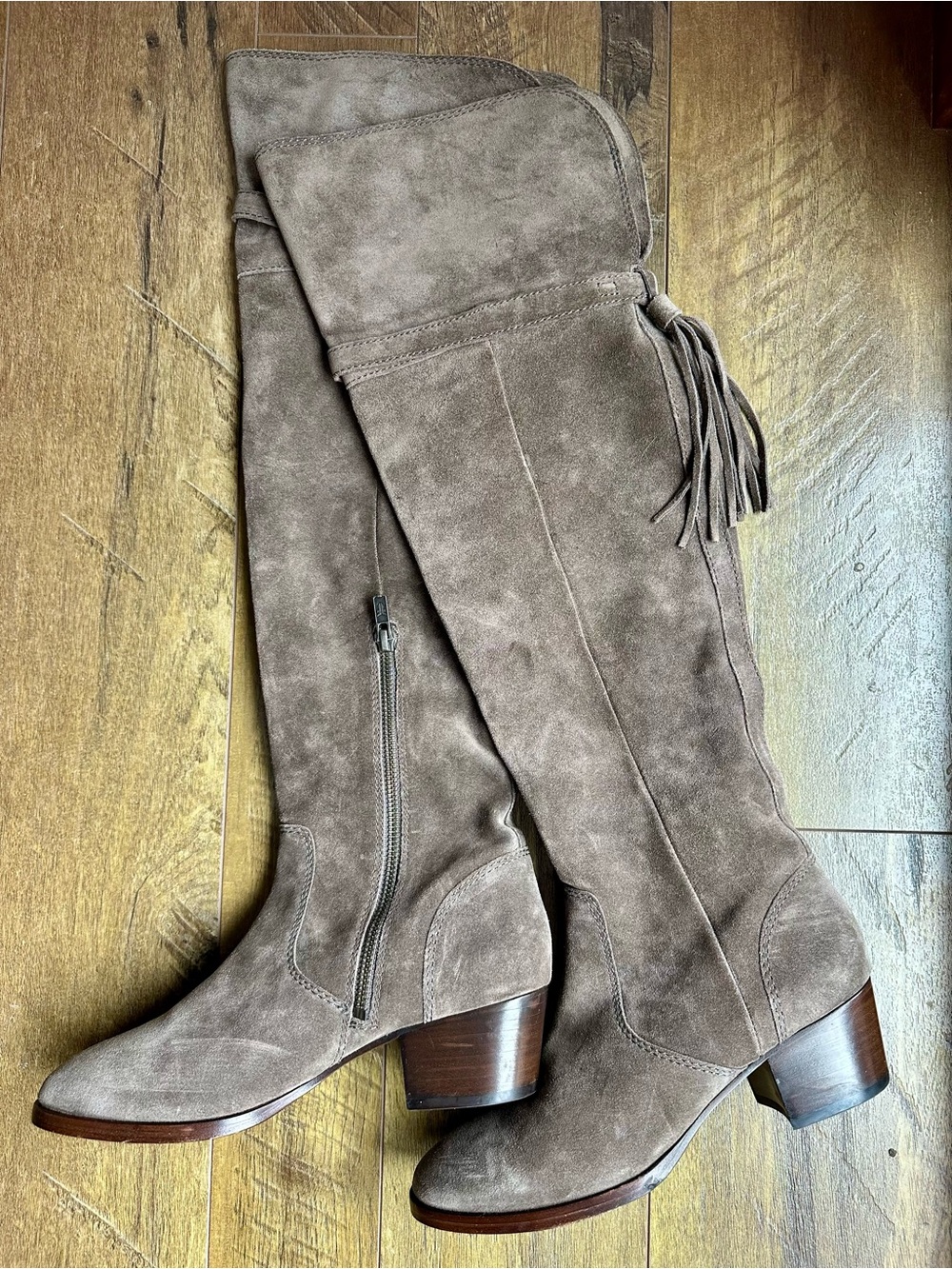 Frye “Clara” Tassel Over the Knee Boots in Elephant